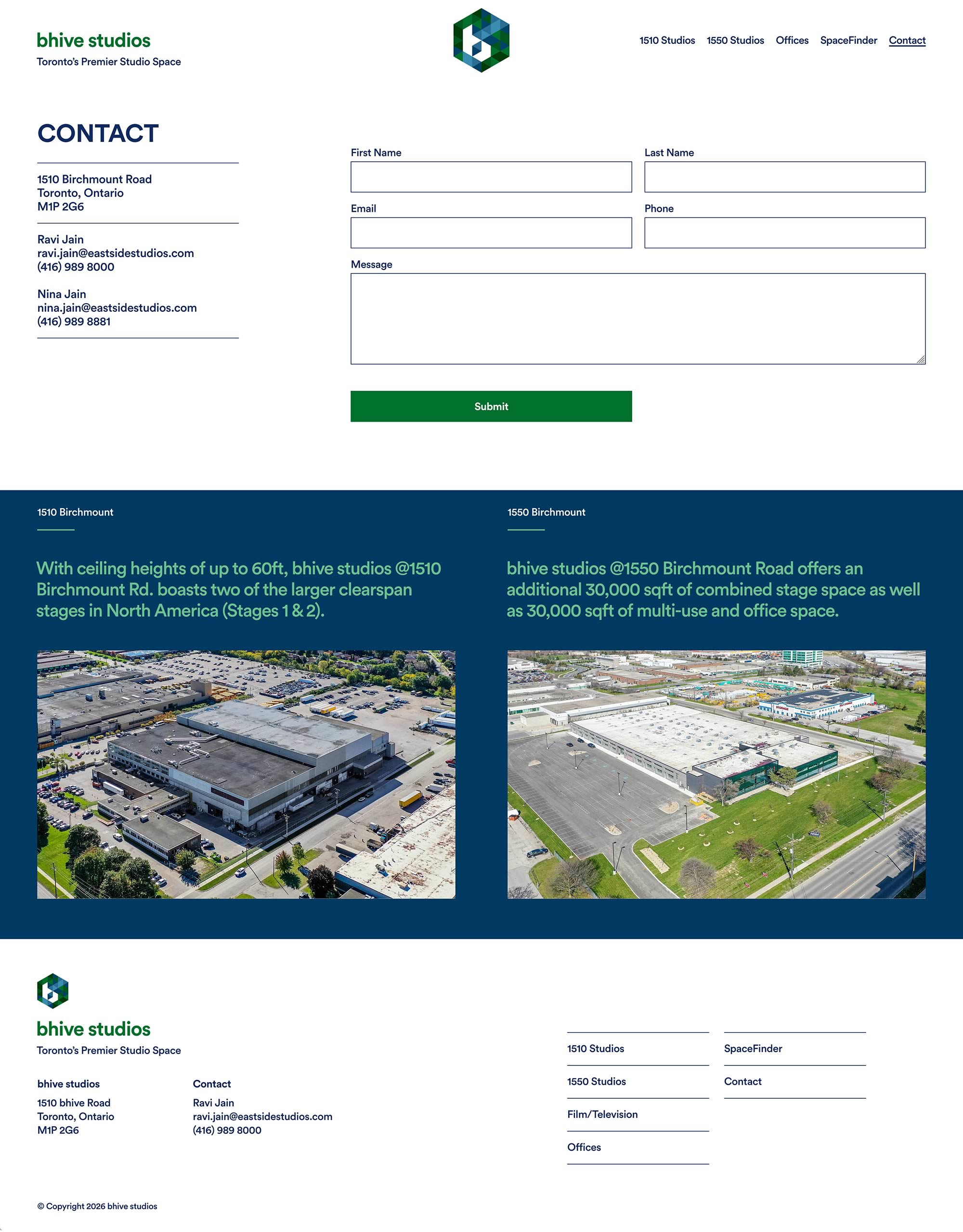 Capture of the full Bhive Studios 'Contact' page