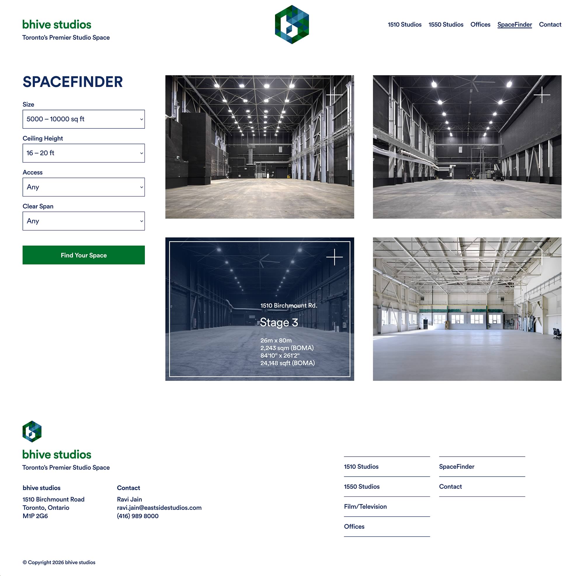 Capture of the full Bhive Studios 'Spacefinder' page