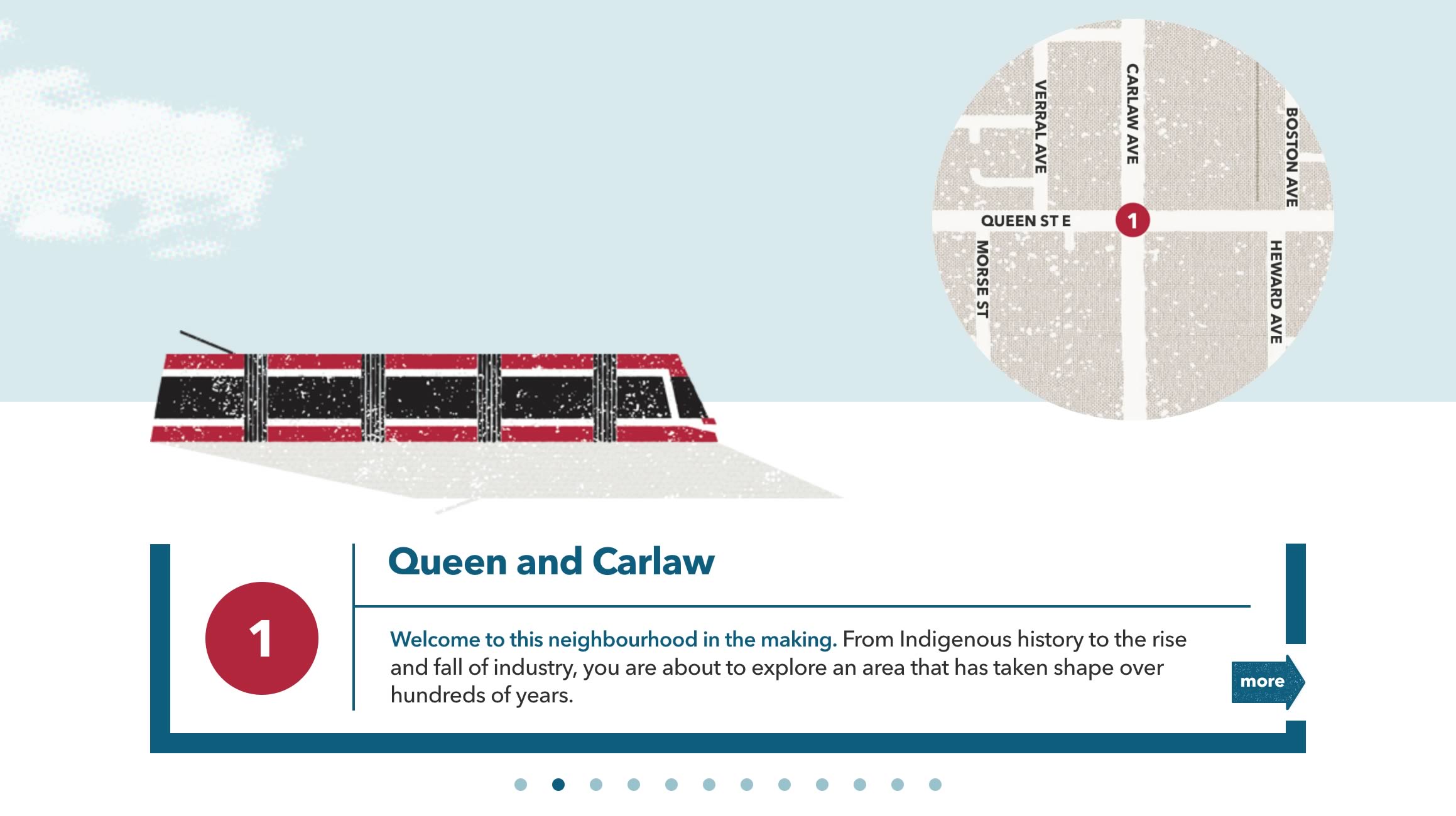 Capture of the homepage tour navigation modal window from the Made in Toronto tour/website ('Queen and Carlaw' stop displayed)
