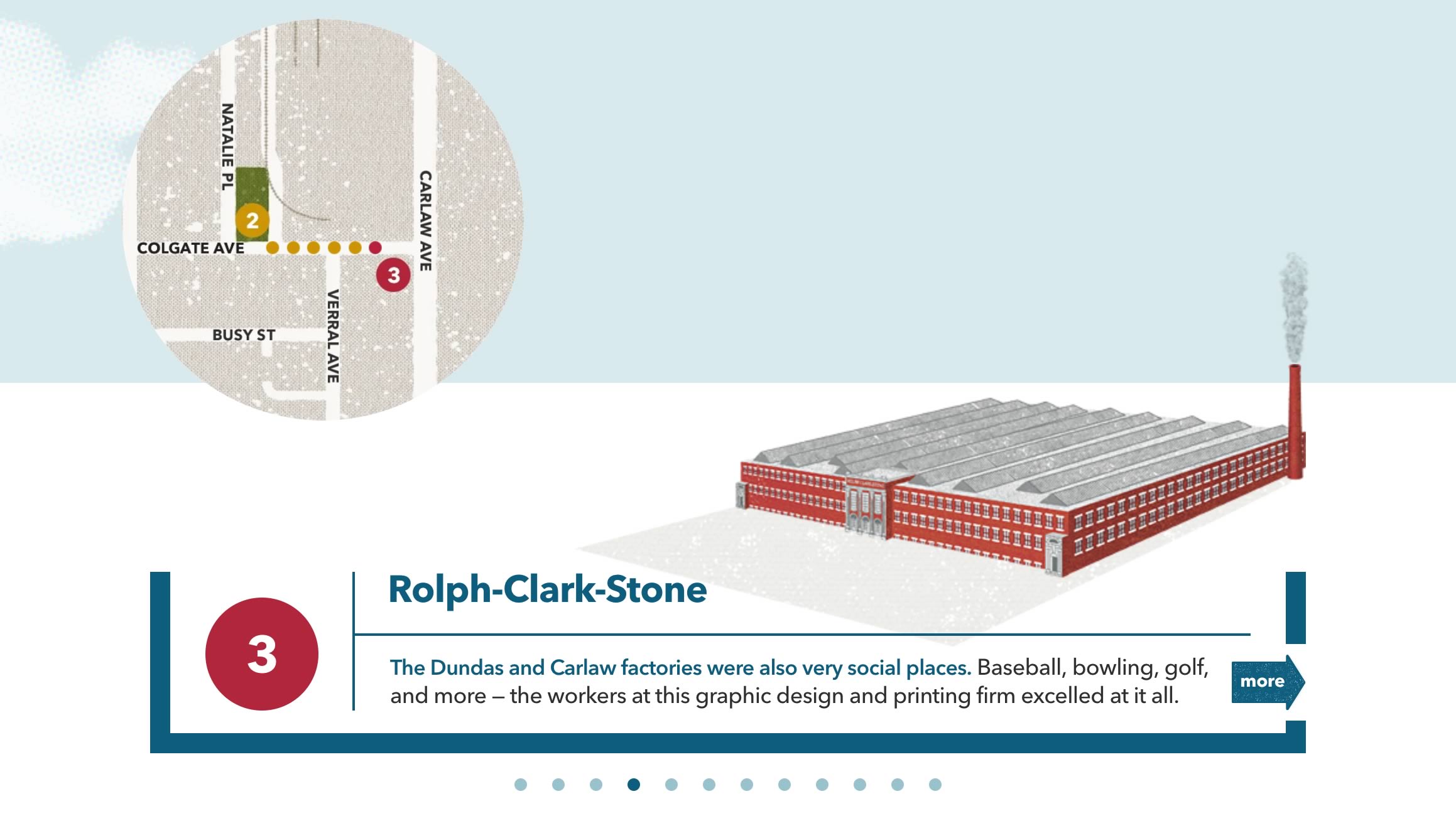 Capture of the homepage tour navigation modal window from the Made in Toronto tour/website ('Rolph-Clark-Stone' stop displayed)