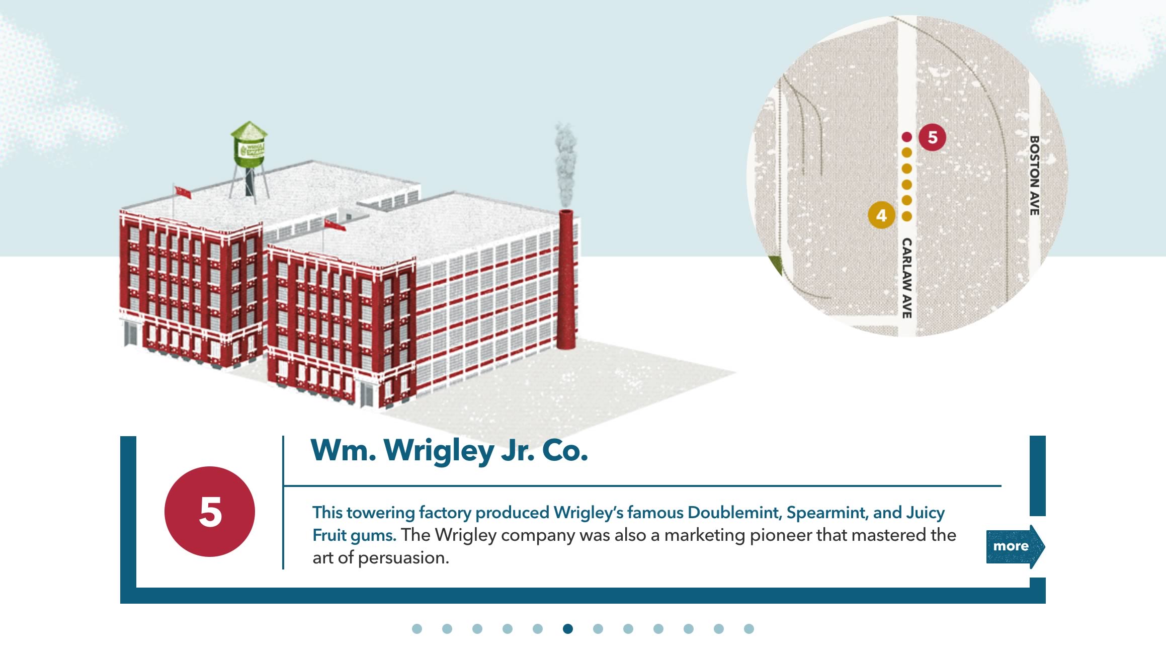 Capture of the homepage tour navigation modal window from the Made in Toronto tour/website ('Wm. Wrigley Jr. Co.' stop displayed)