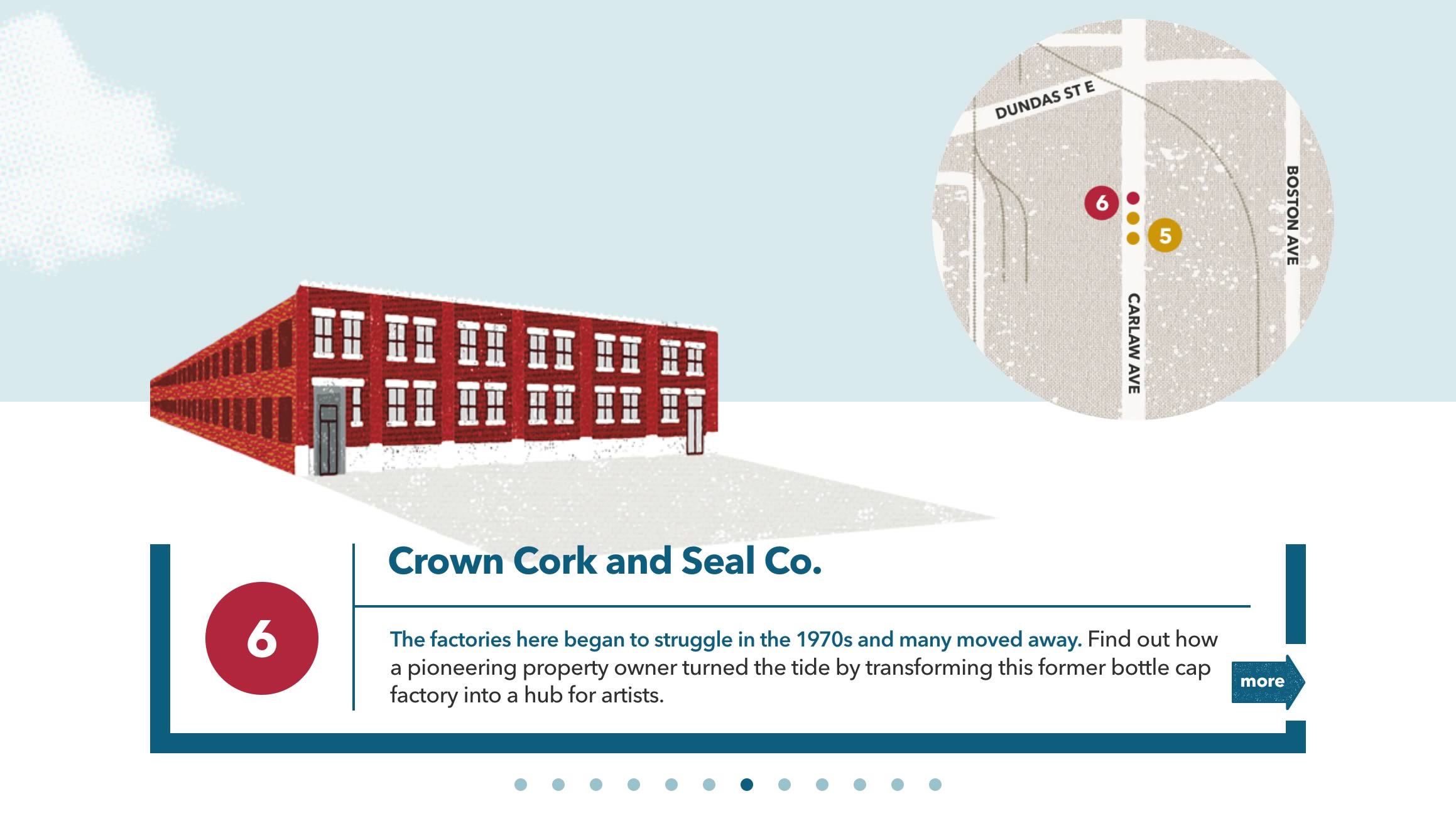 Capture of the homepage tour navigation modal window from the Made in Toronto tour/website ('Crown Cork and Seal Co.' stop displayed)
