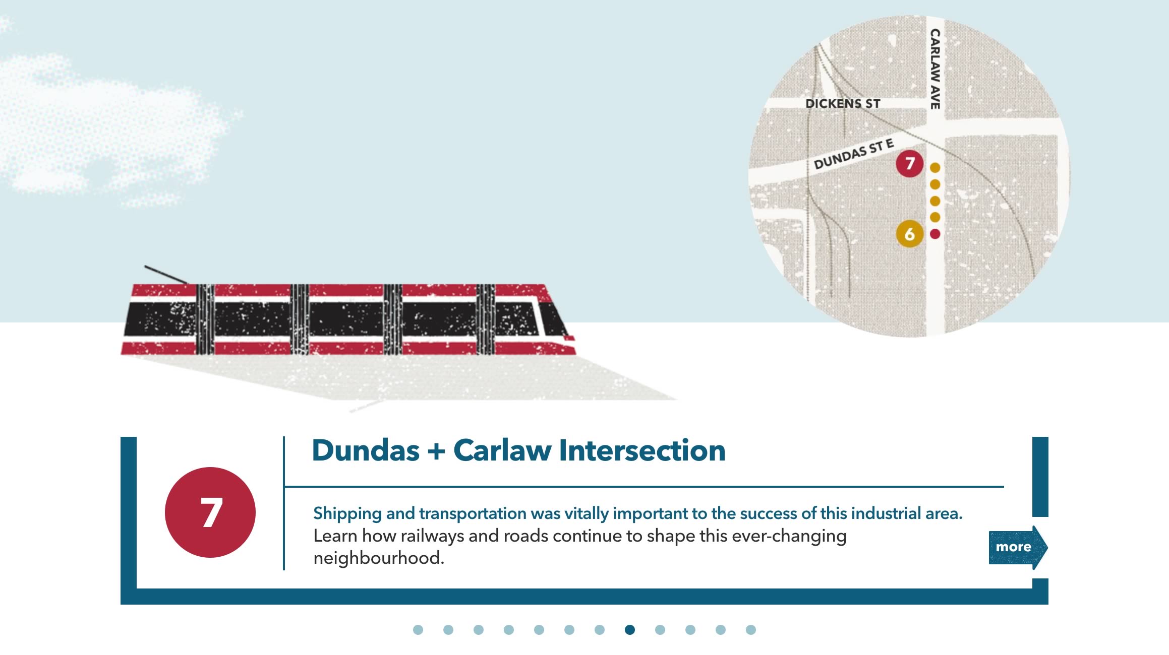Capture of the homepage tour navigation modal window from the Made in Toronto tour/website ('Dundas + Carlaw Intersection' stop displayed)