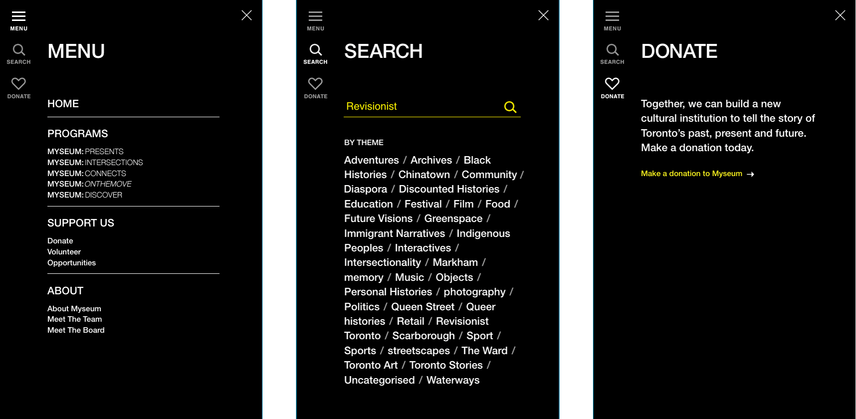 Capture of the three navigation menu states (Menu, Search and Donate) from the Myseum website