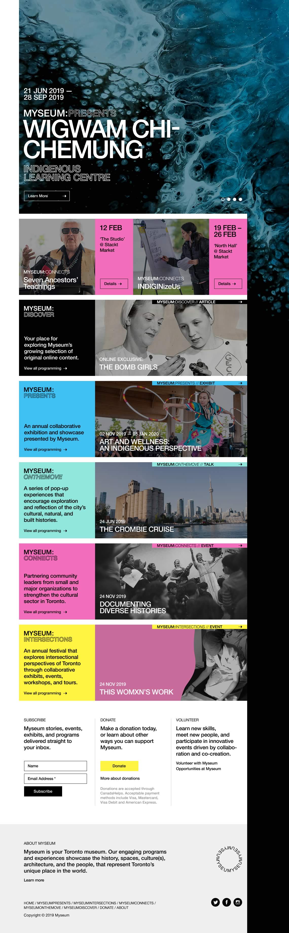 Capture of the full homepage from the Myseum website ('WIGWAM CHI-CHEMUNG' event details showing)