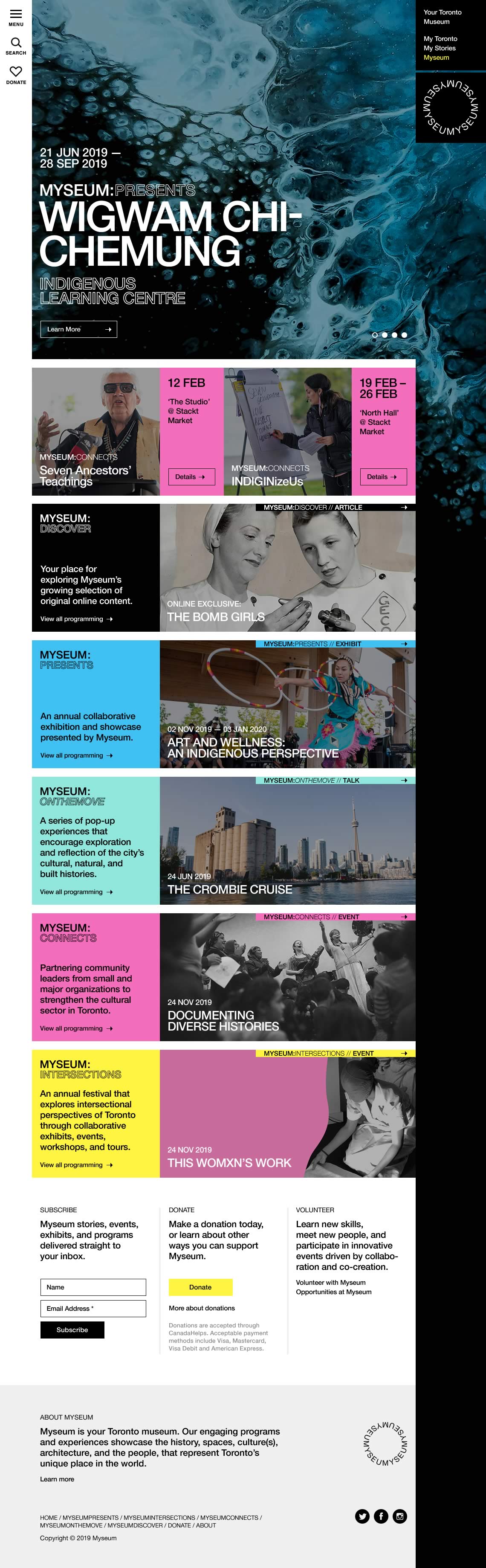 Capture of the full homepage from the Myseum website ('WIGWAM CHI-CHEMUNG' event details showing)