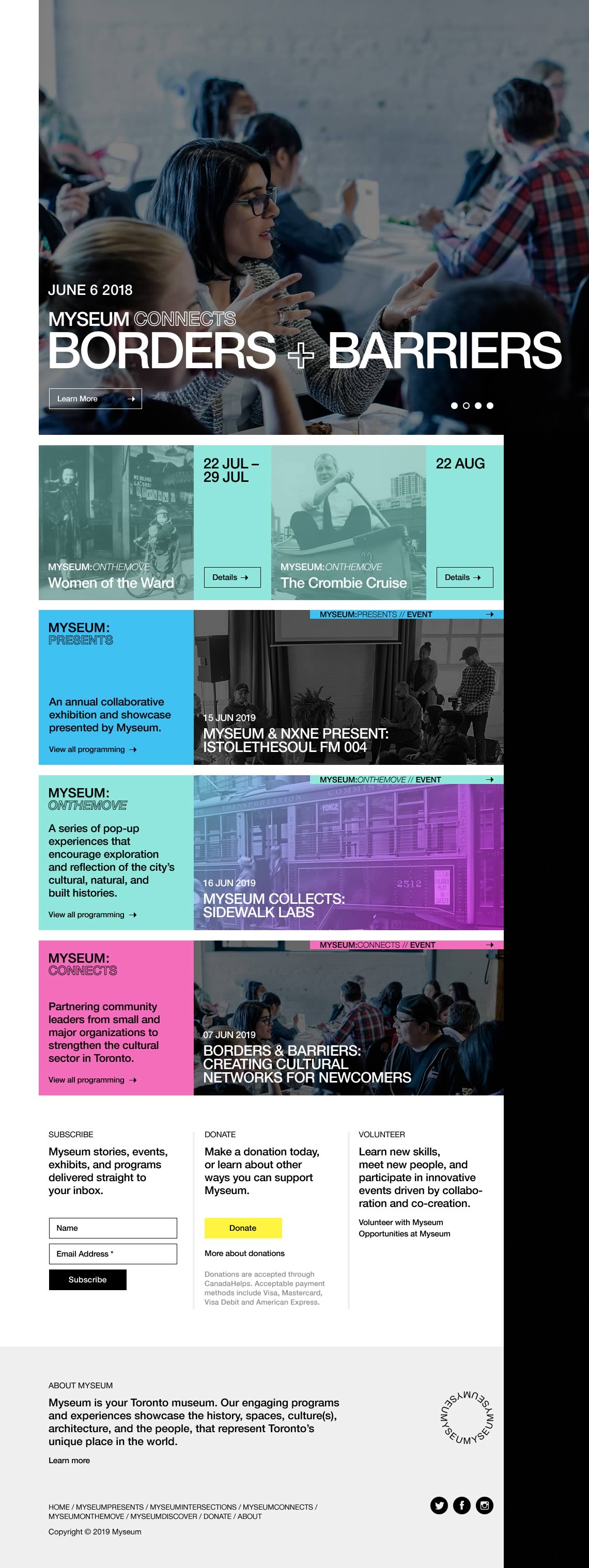 Capture of the full homepage from the Myseum website ('BORDERS + BARRIERS' event details showing)