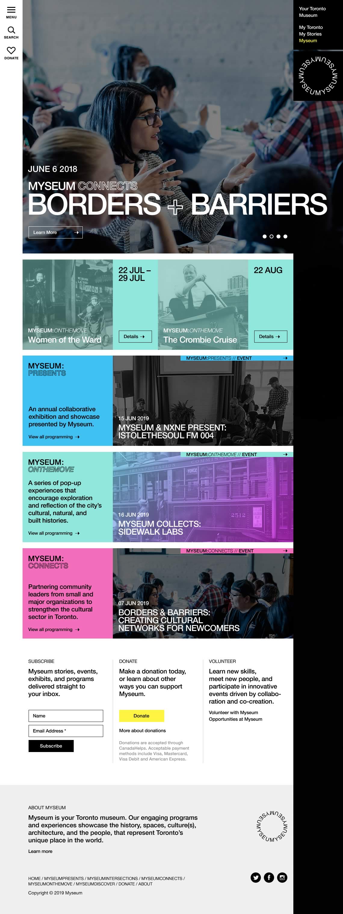 Capture of the full homepage from the Myseum website ('BORDERS + BARRIERS' event details showing)