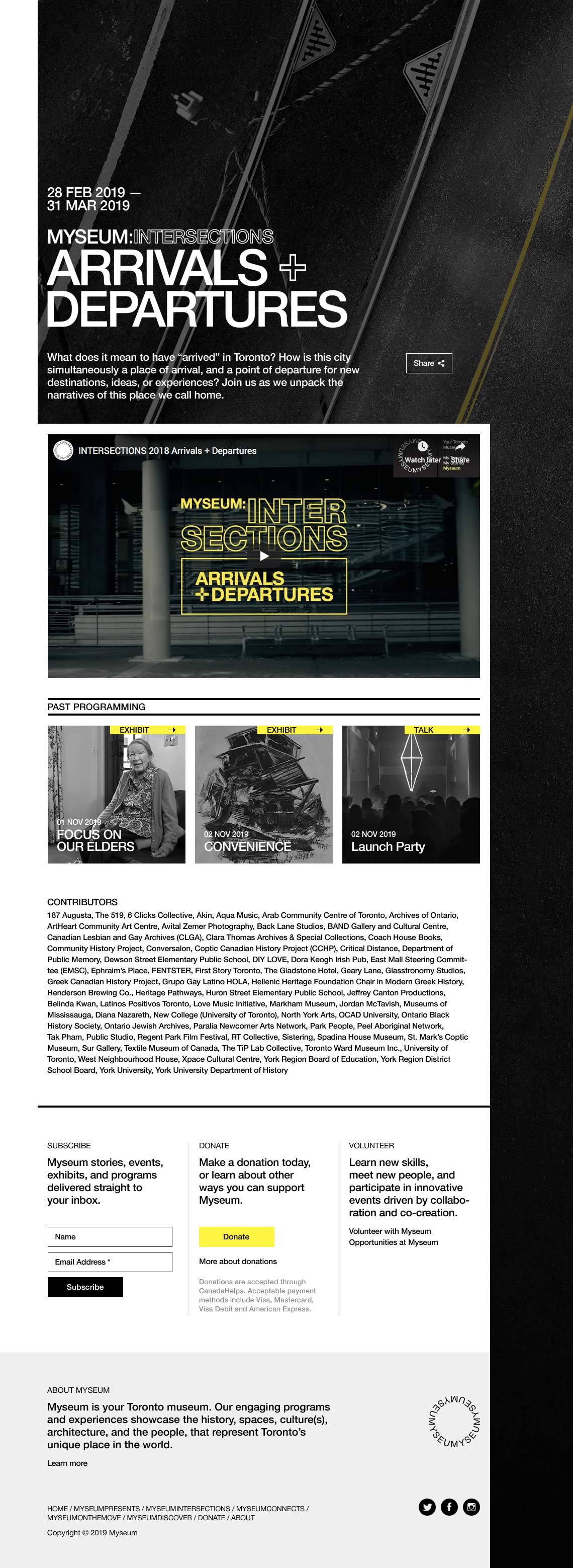 Capture of the full 'ARRIVALS + DEPARTURES' programming page from the Myseum website