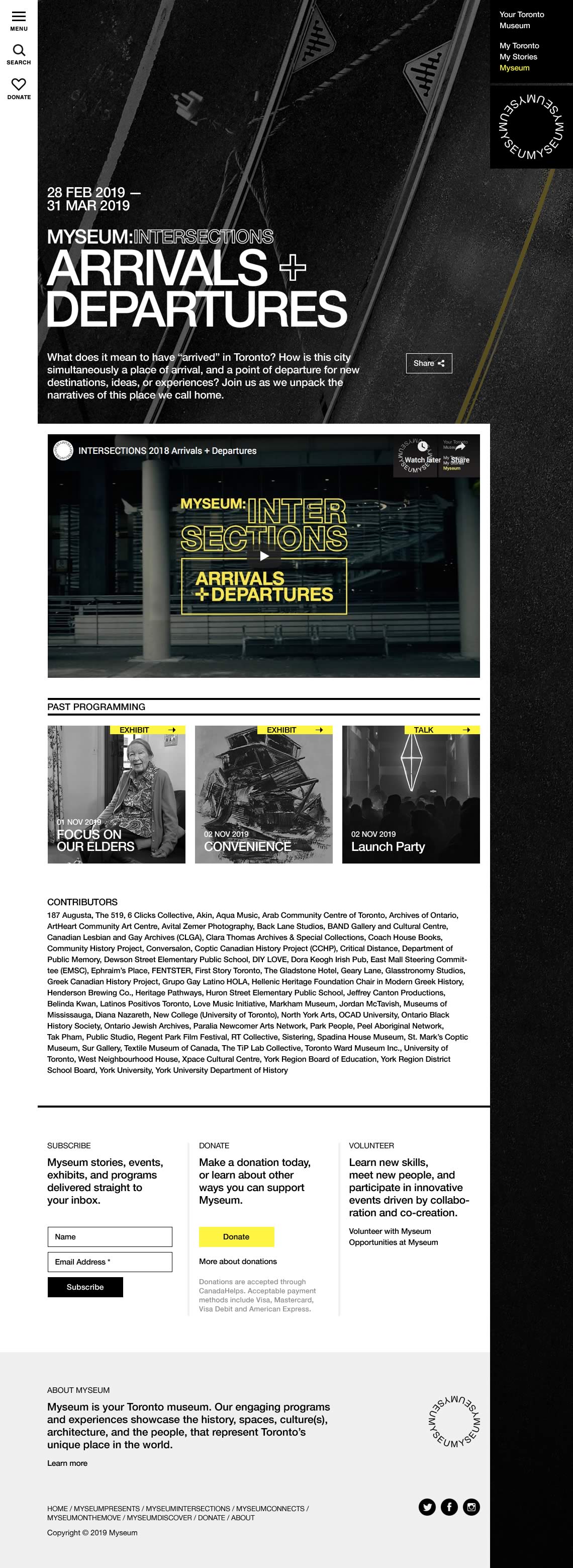 Capture of the full 'ARRIVALS + DEPARTURES' programming page from the Myseum website