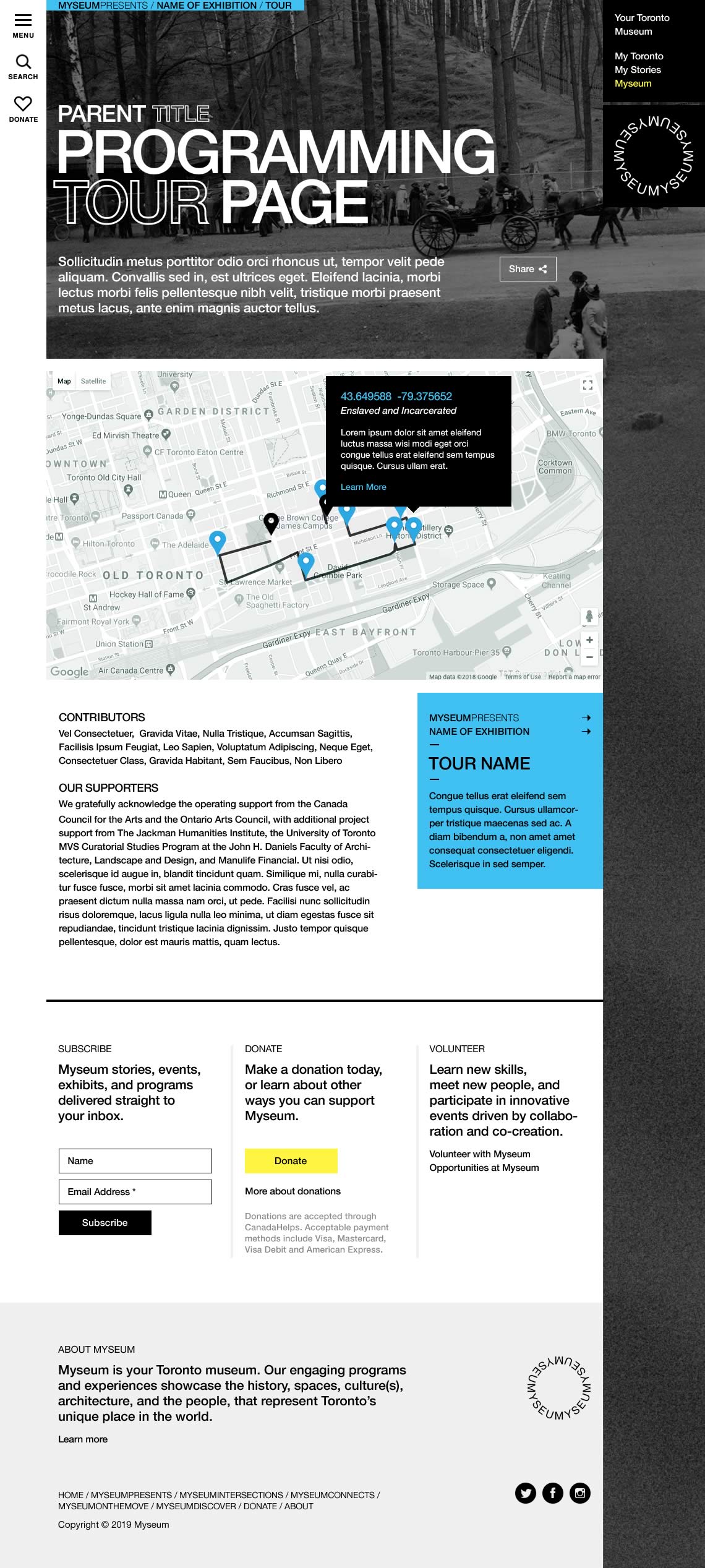 Capture of the full 'TOUR' page from the Myseum website