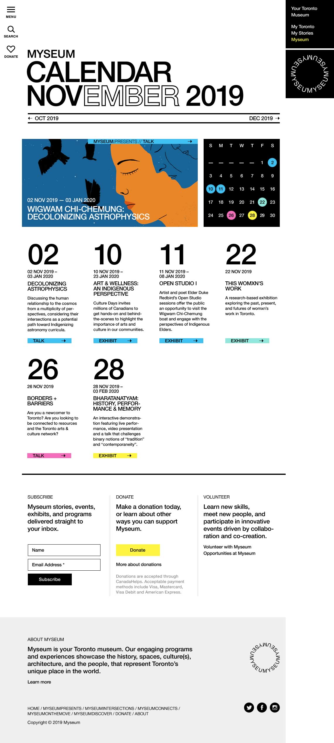 Capture of the full 'CALENDAR' page from the Myseum website