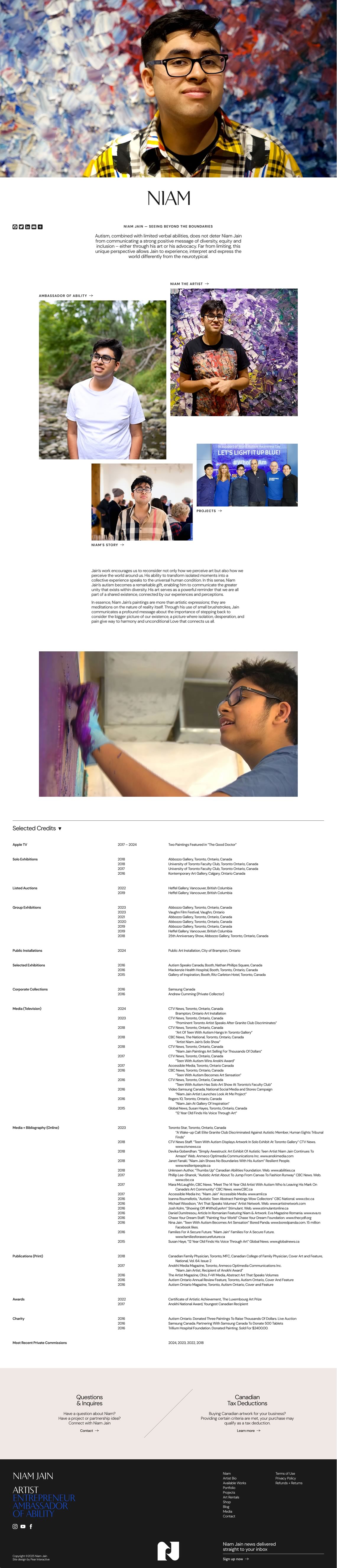 Capture of the full 'Niam' (About) page from the Niam Jain website