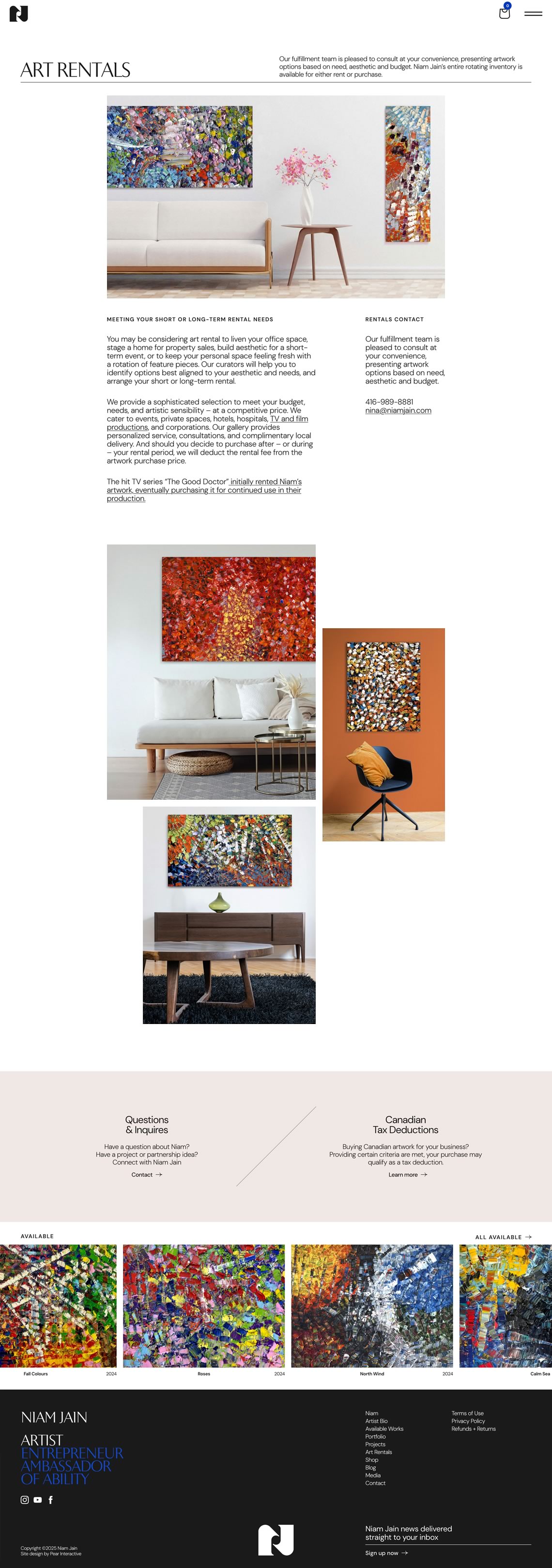 Capture of the full 'Art Rentals' page from the Niam Jain website