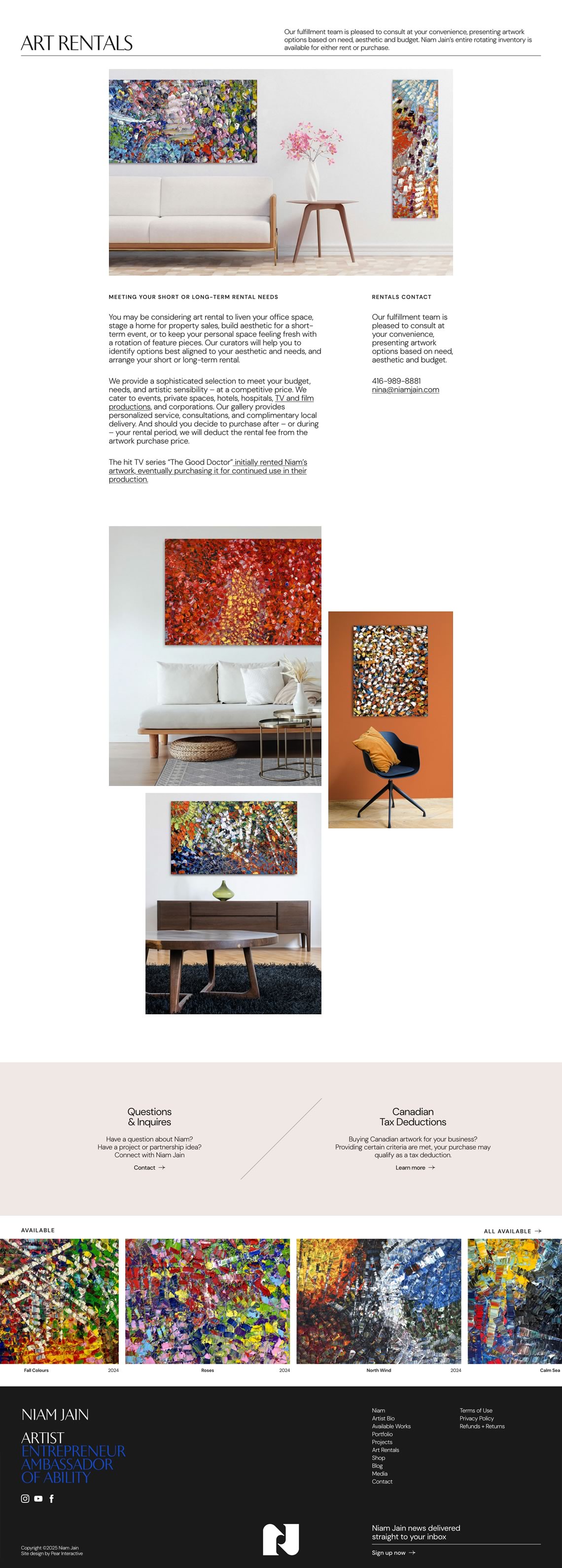 Capture of the full 'Art Rentals' page from the Niam Jain website