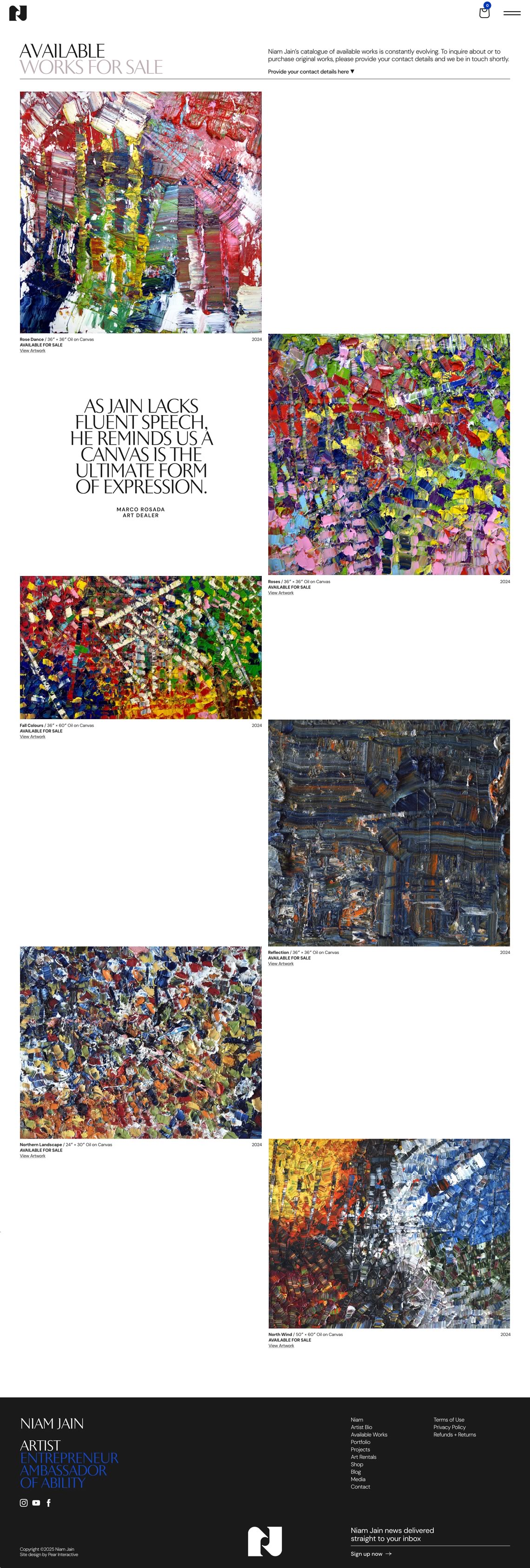 Capture of the full 'Available Works' page from the Niam Jain website