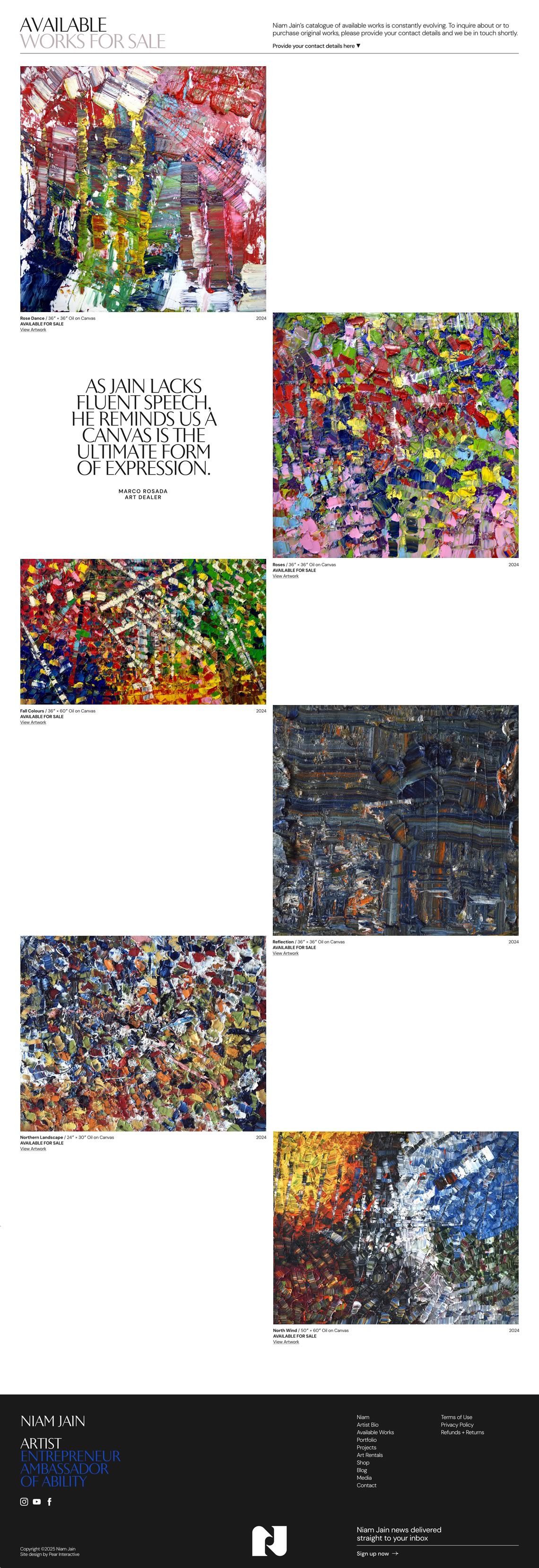 Capture of the full 'Available Works' page from the Niam Jain website