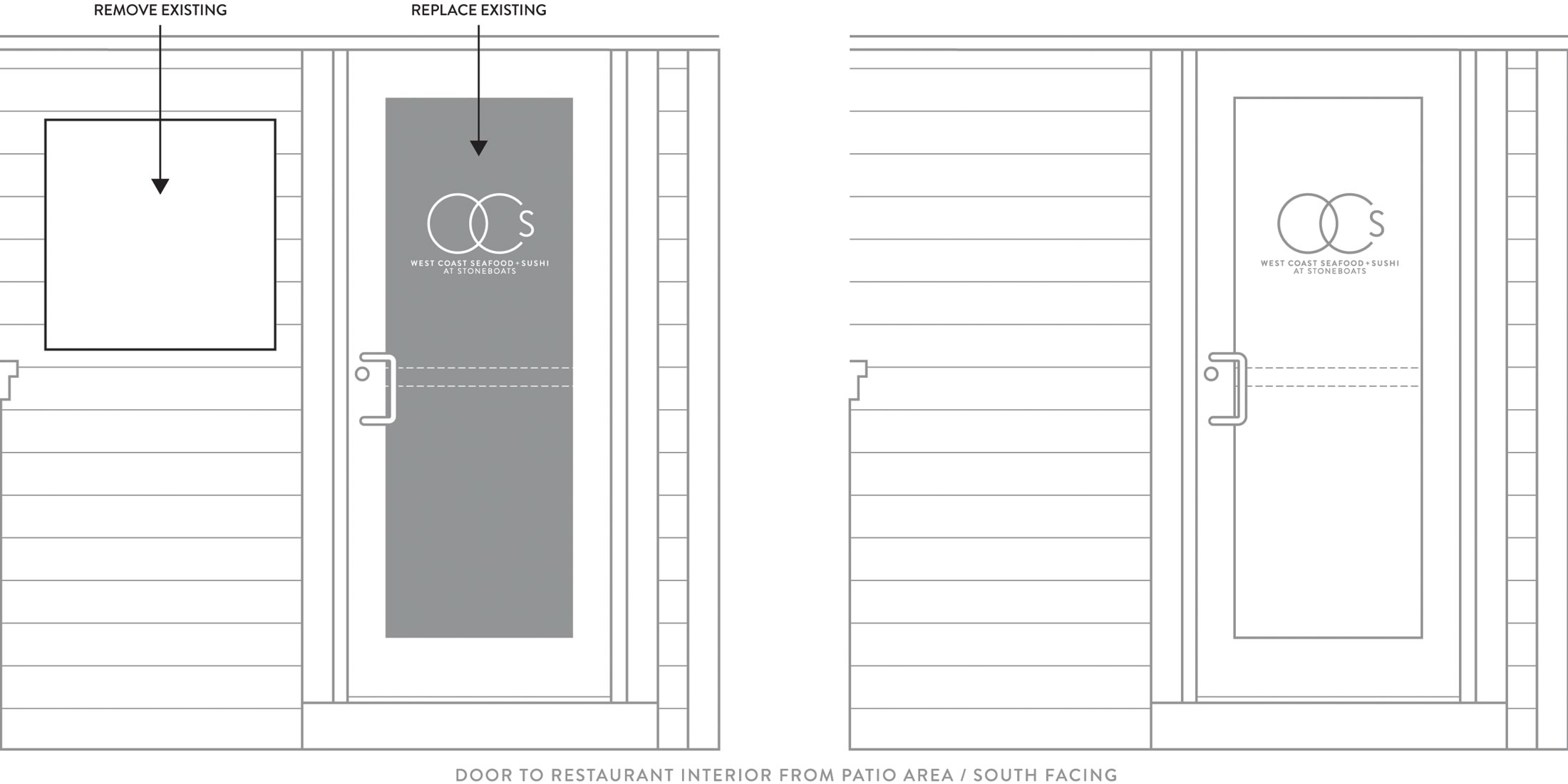 Mechanical artwork depicting the OC’s West Coast exterior door signage