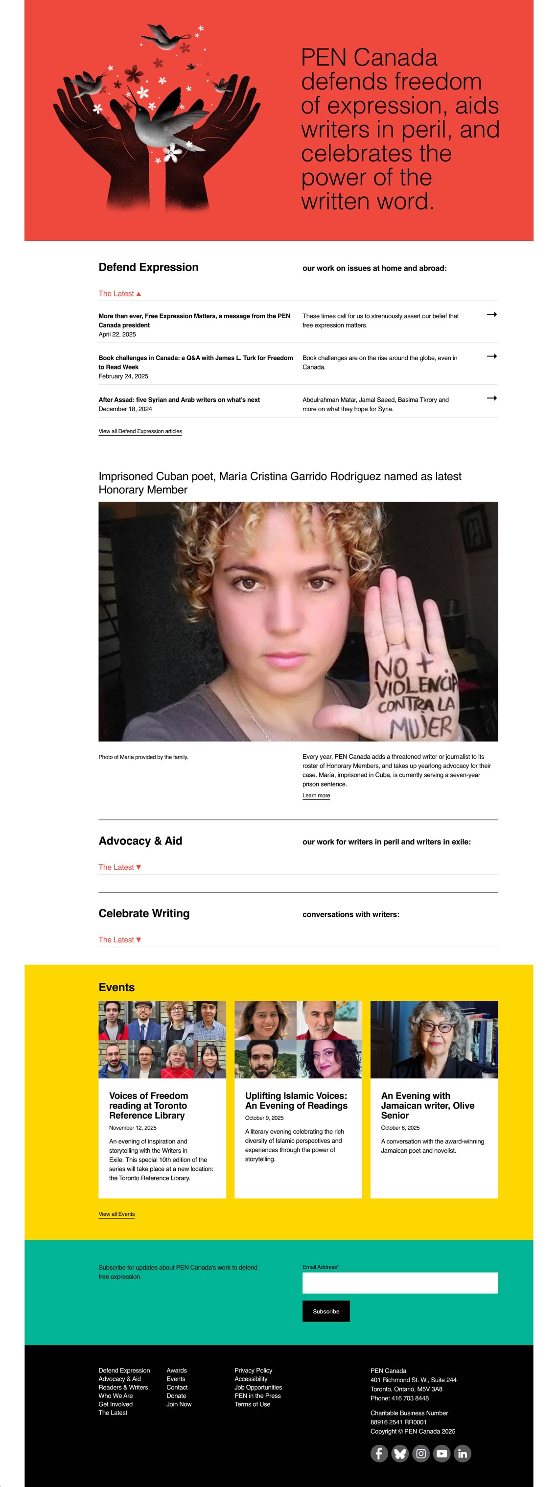 Capture of the full homepage from the PEN Canada website