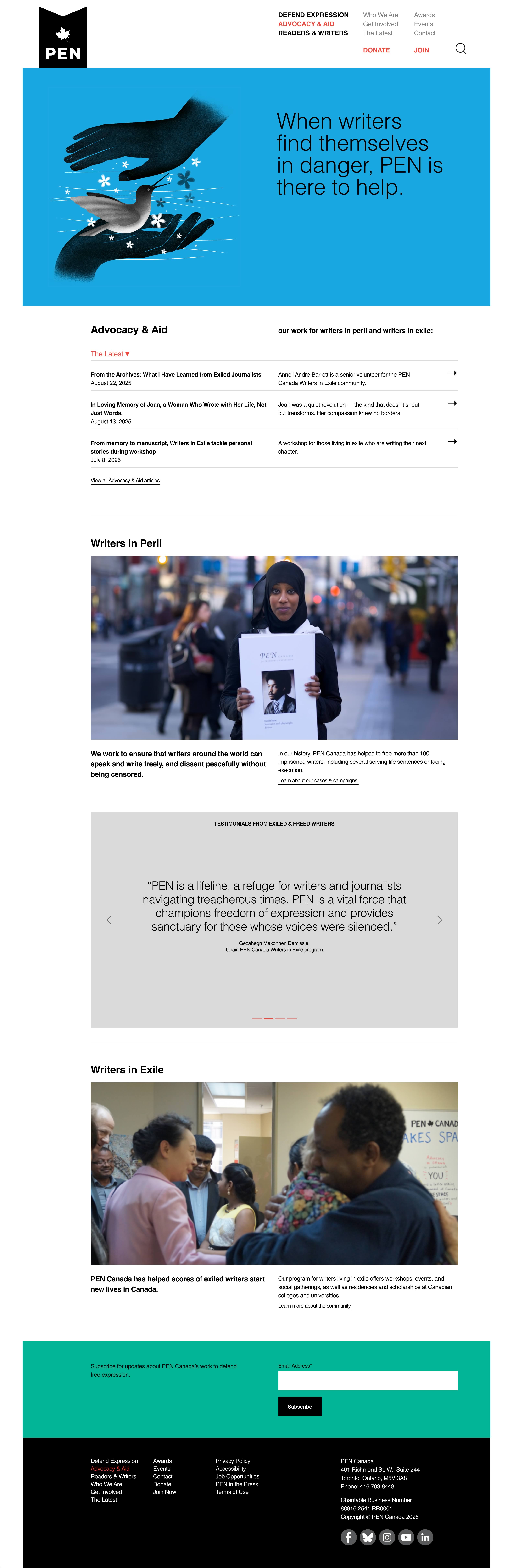 Capture of the full 'Advocacy & Aid' page from the PEN Canada