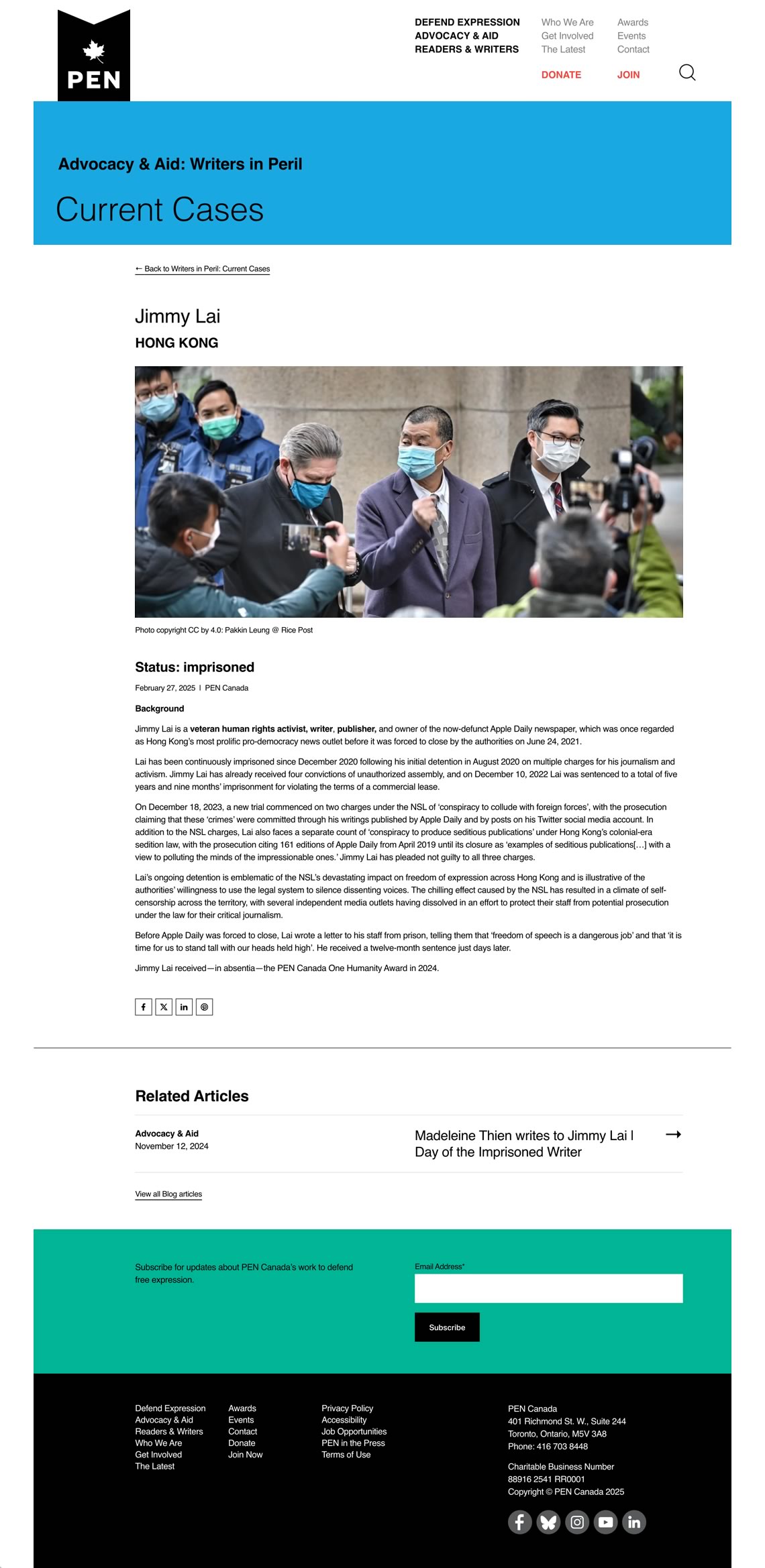 Capture of the full 'Current Cases' page from the PEN Canada