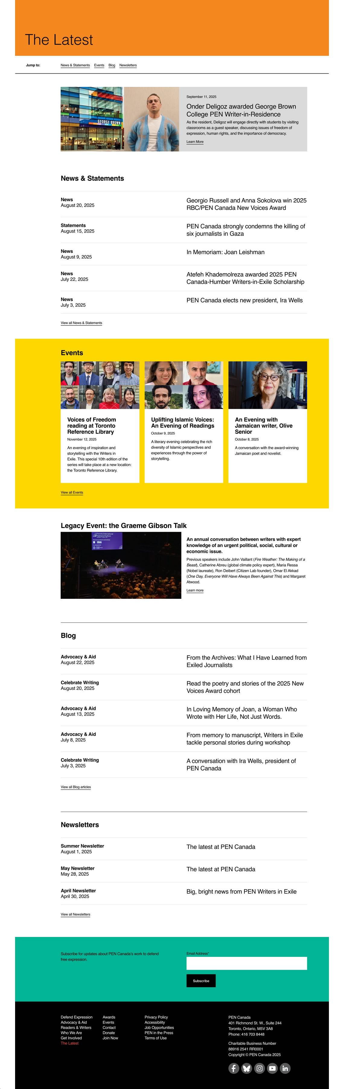 Capture of the full 'The Latest' page from the PEN Canada