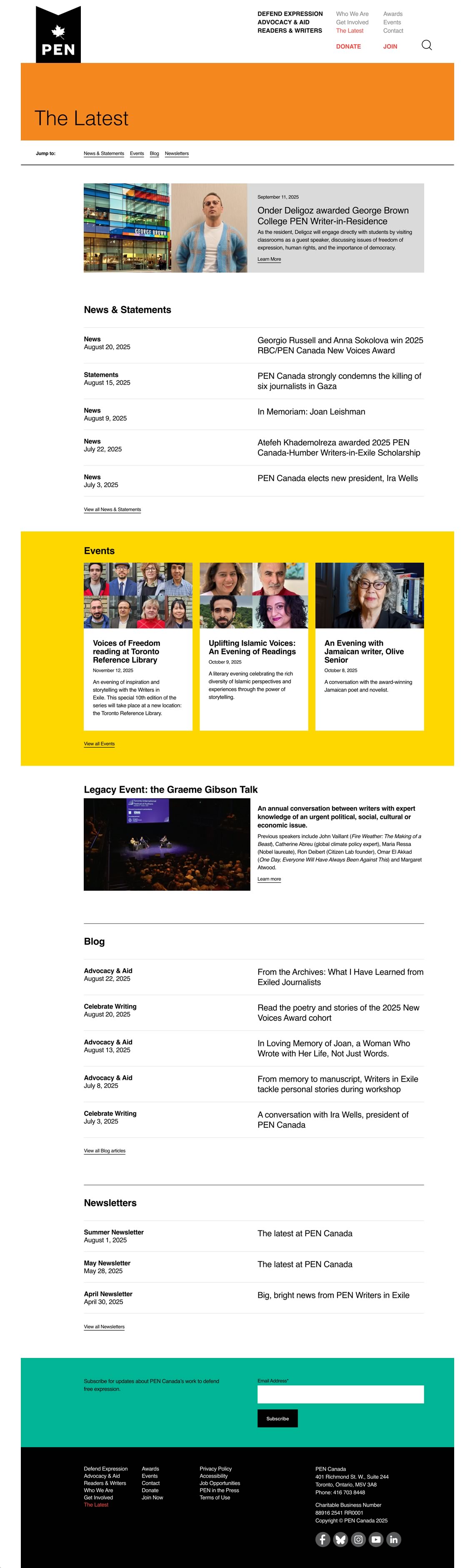 Capture of the full 'The Latest' page from the PEN Canada