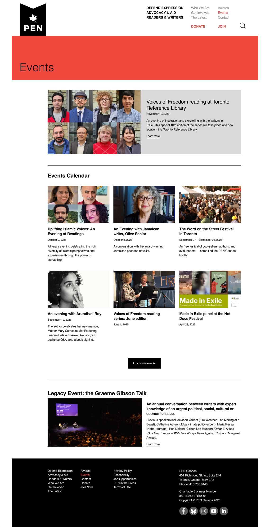 Capture of the full 'Events' page from the PEN Canada