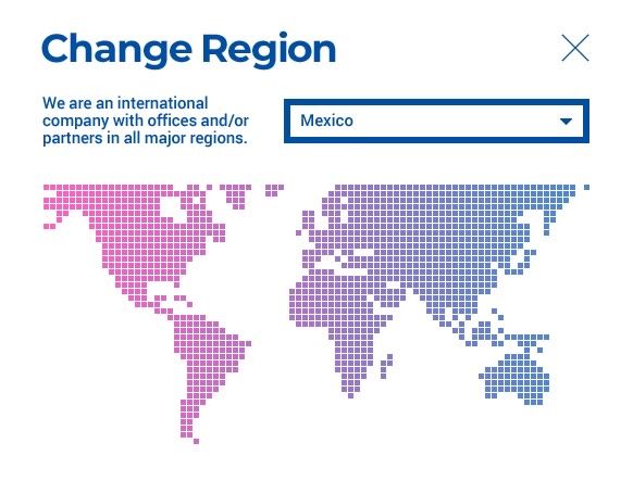 Capture of the 'Change Region' modal window from the Pink Elephant website (dropdown menu inactive)