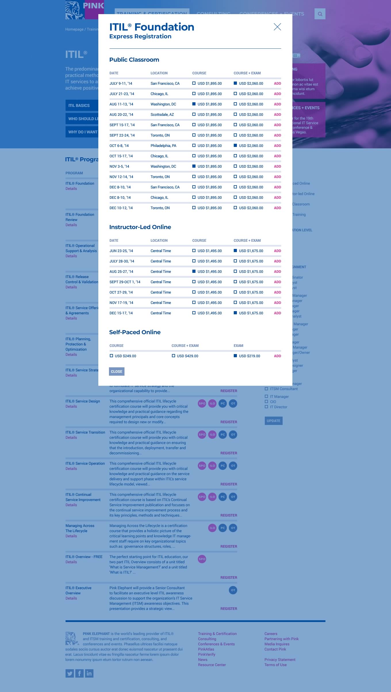 Capture of the full 'ITIL Foundation Express Registration' modal window from the Pink Elephant website