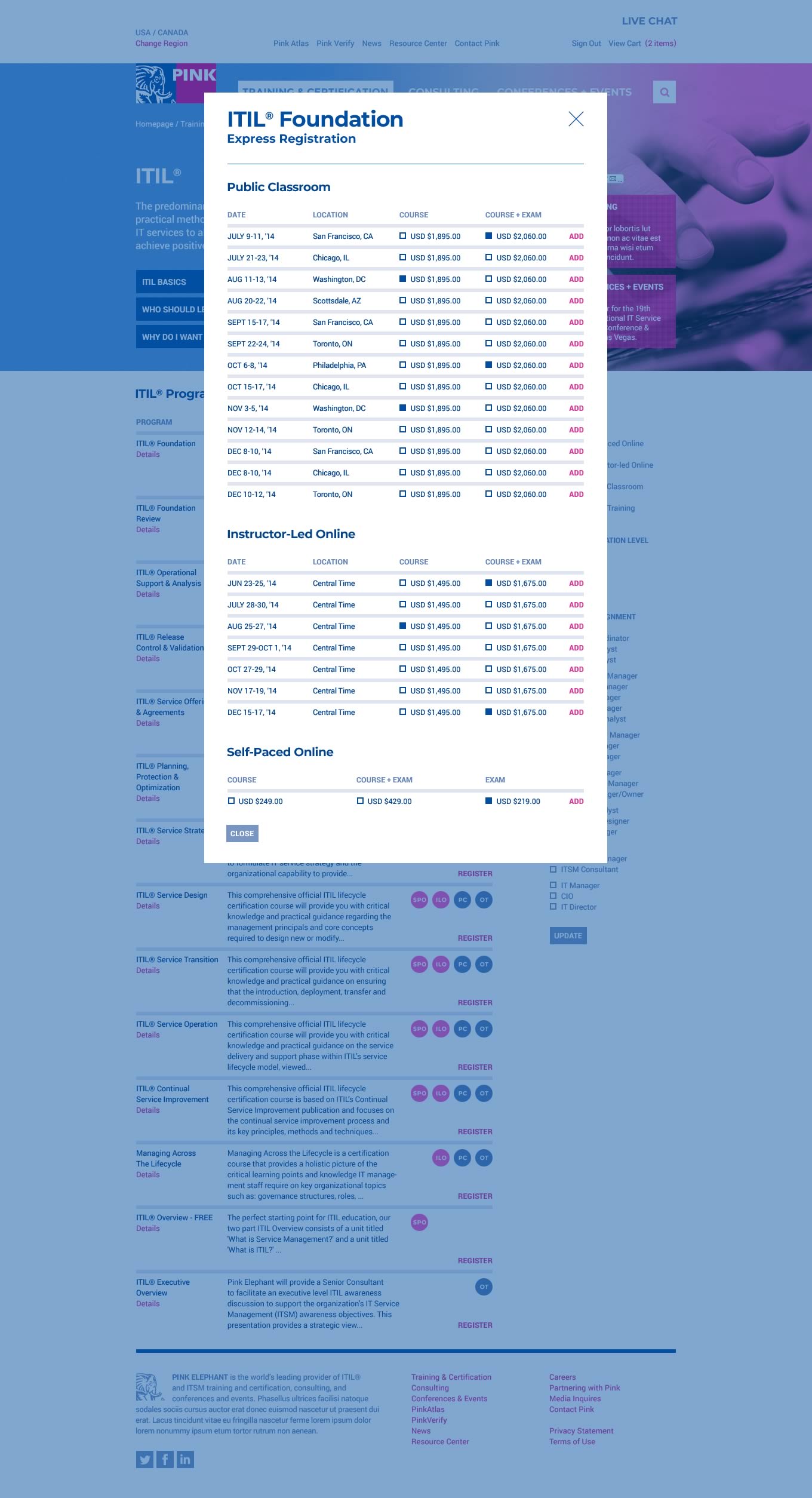 Capture of the full 'ITIL Foundation Express Registration' modal window from the Pink Elephant website