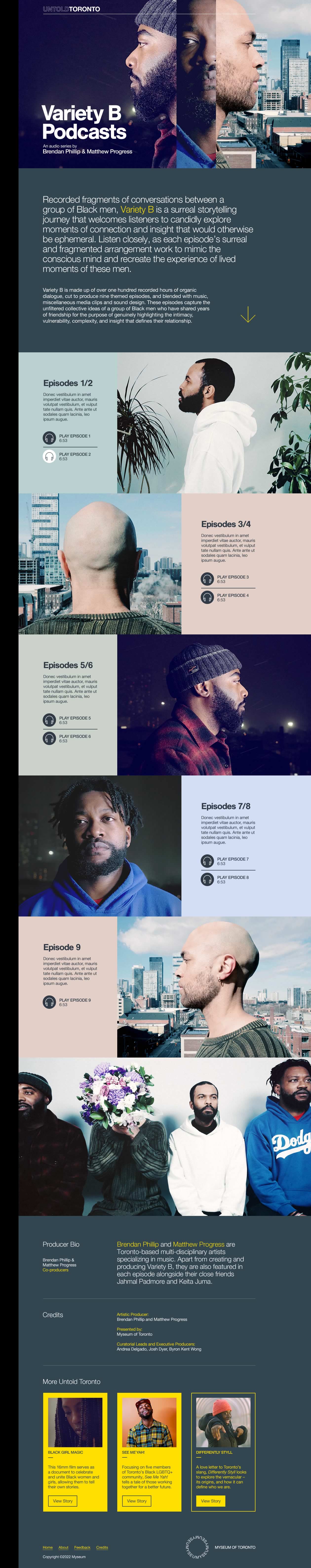 Capture of the full 'Variety B Podcasts' page from the Untold Toronto microsite