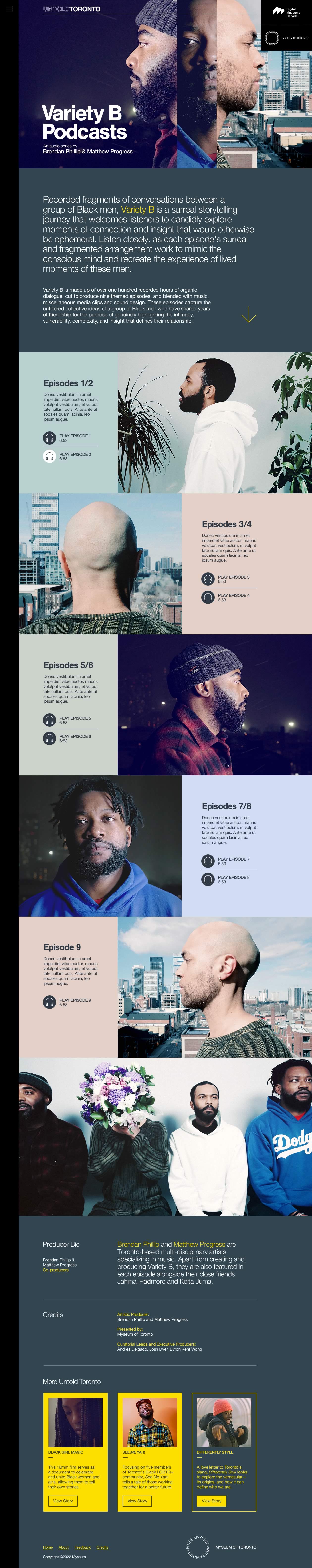Capture of the full 'Variety B Podcasts' page from the Untold Toronto microsite