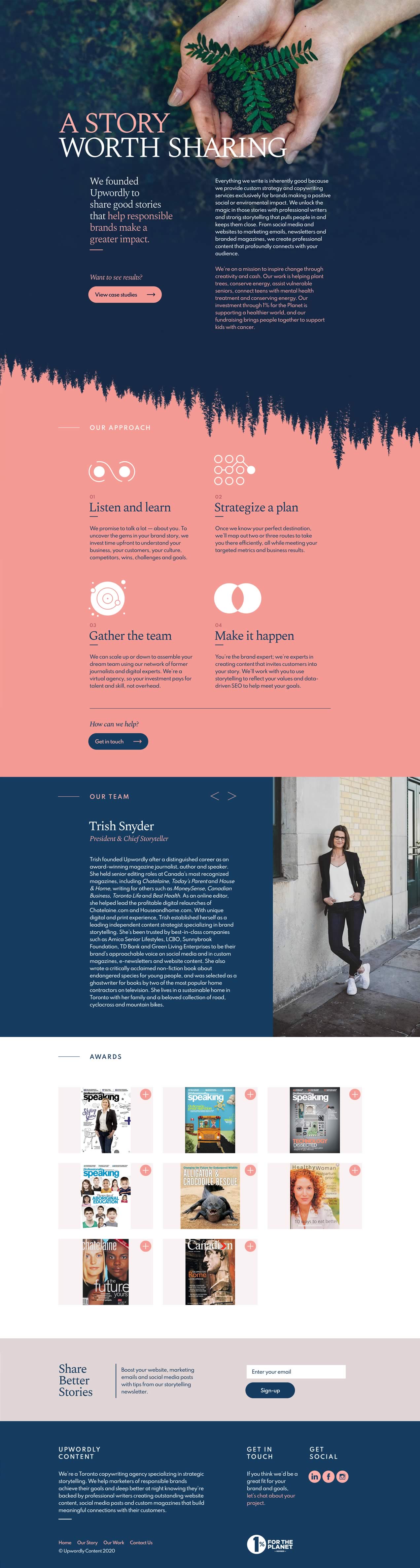 Capture of the full 'Our Story' page from the Upwordly Content website