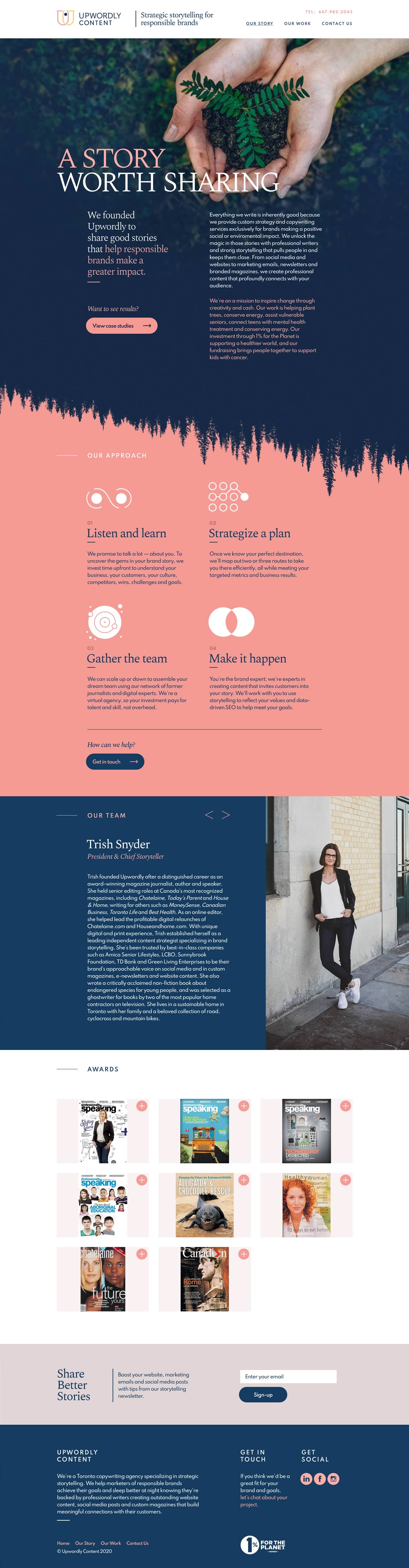 Capture of the full 'Our Story' page from the Upwordly Content website