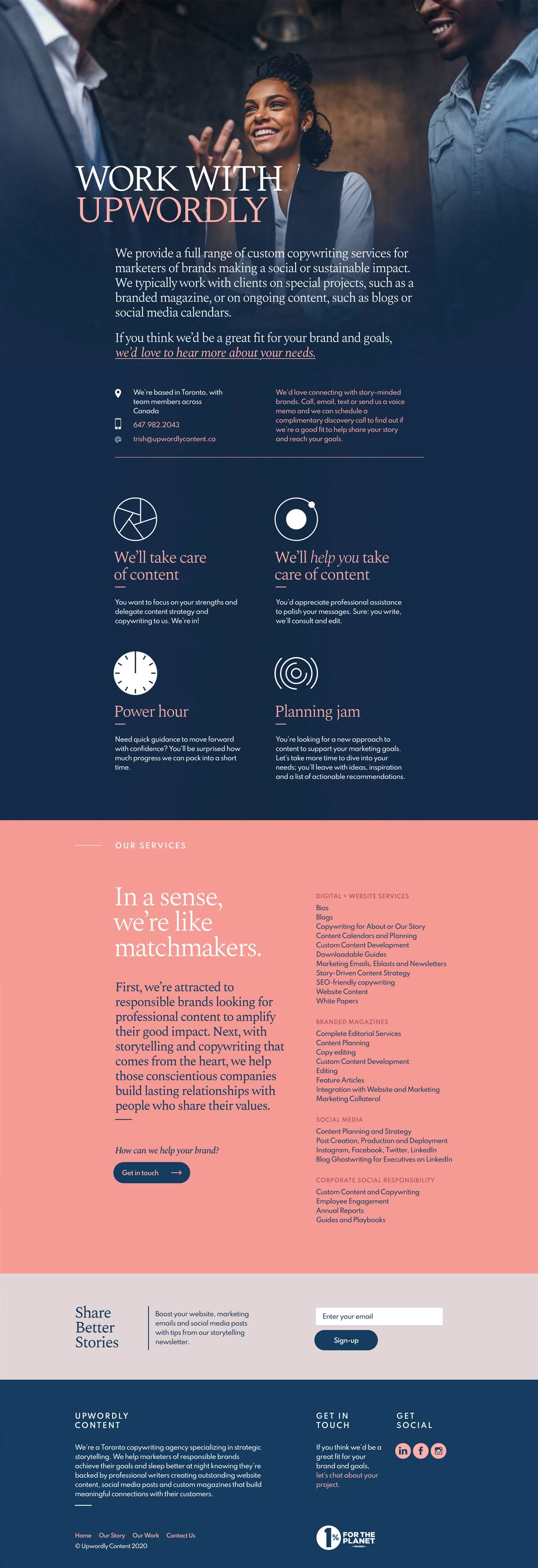 Capture of the full 'Contact Us' page from the Upwordly Content website