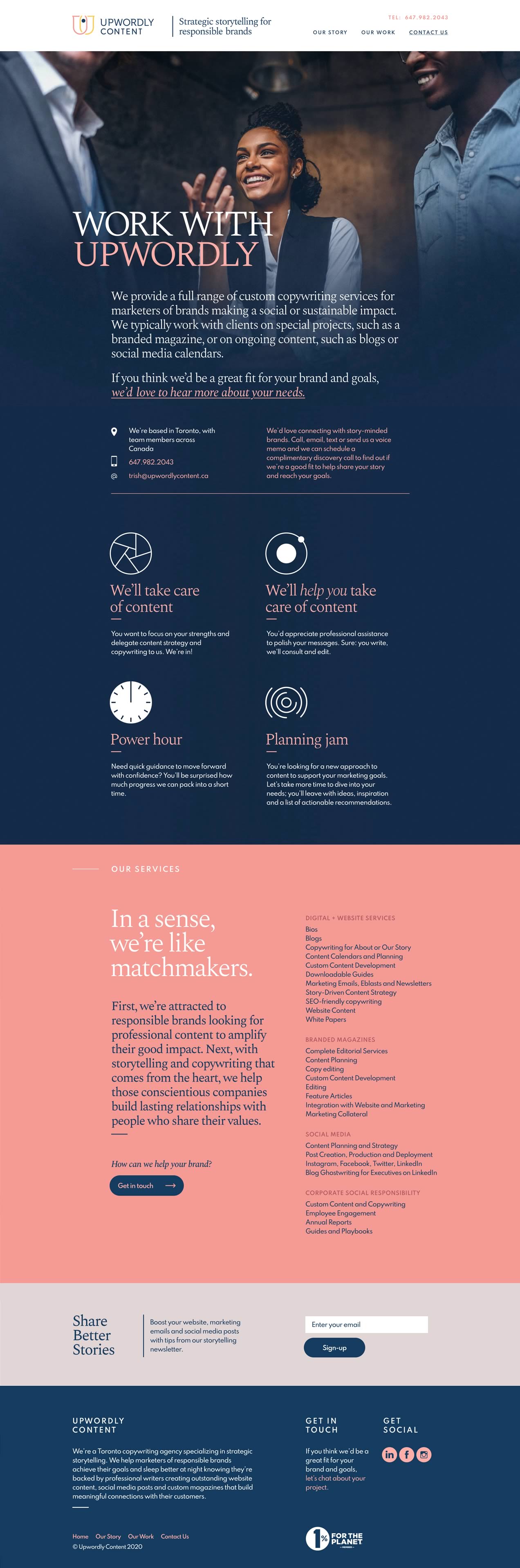 Capture of the full 'Contact Us' page from the Upwordly Content website